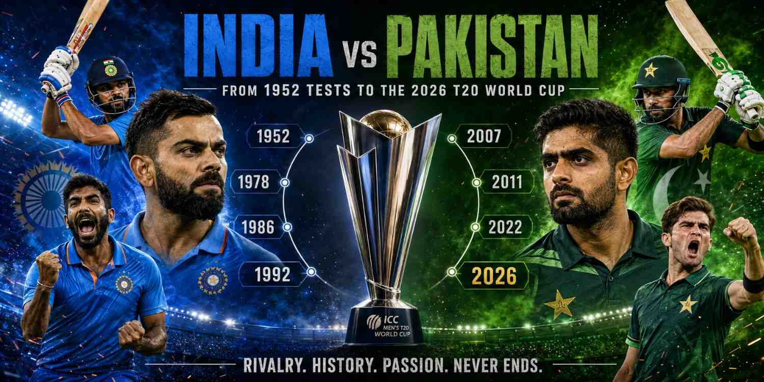 India National Cricket Team vs Pakistan National Cricket Team Timeline showing the rivalry from 1952 Tests to the 2026 T20 World Cup.